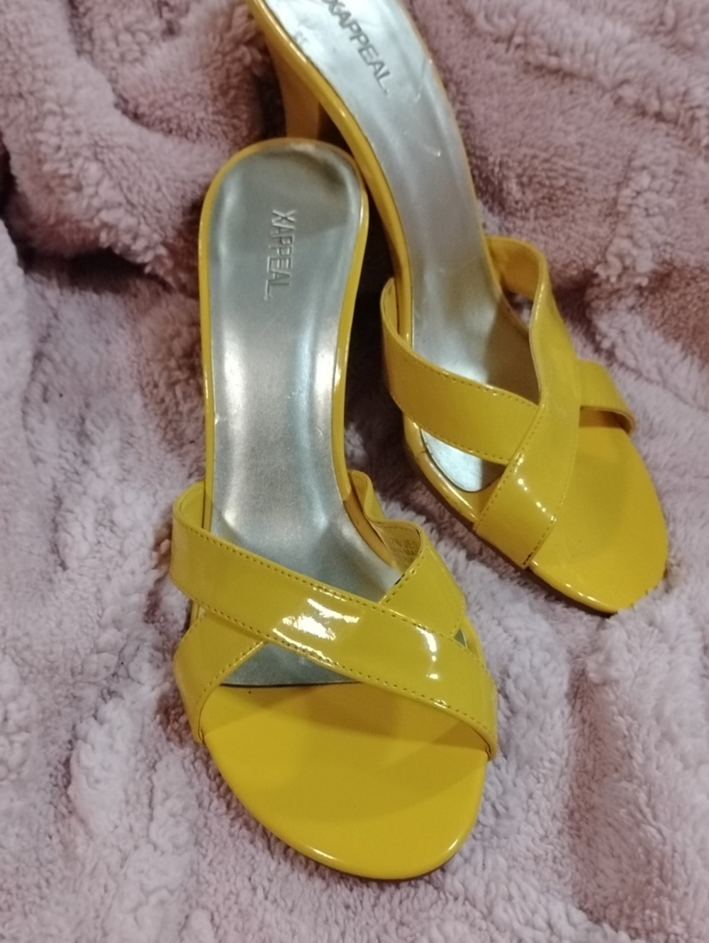 Xappeal Yellow Patent Crisscross Mule Heels